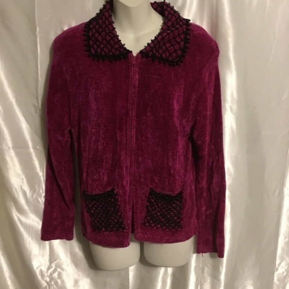 Fuchsia Hot pink Long Sleeve Zip up Velvet Western  Beaded Detail Shirt M